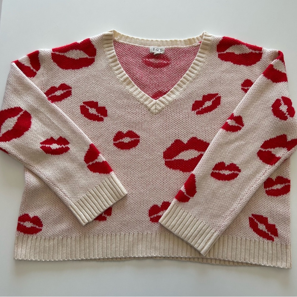 POL Red and Cream Lip Print V-Neck Sweater